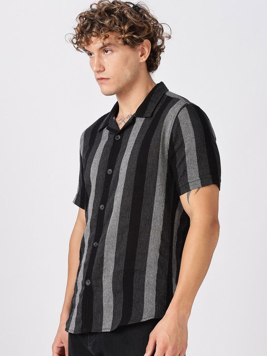 Black Grey Striped Half Sleeve Casual Shirt for Men | Zibilo