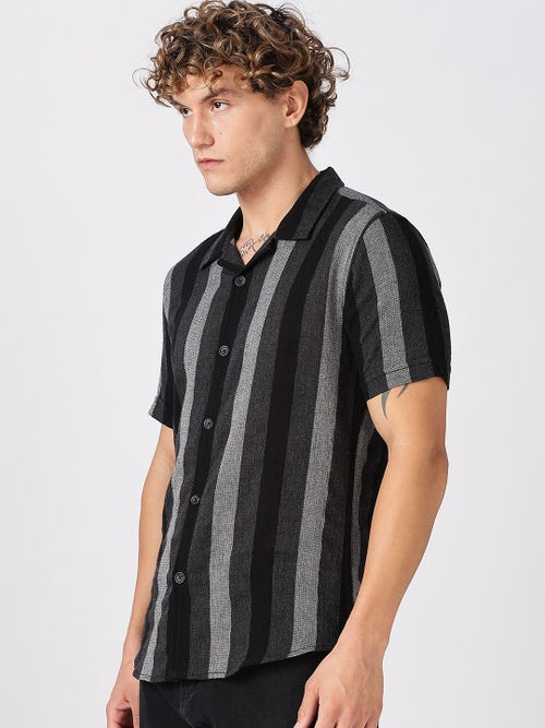 Black Grey Striped Half Sleeve Casual Shirt for Men | Zibilo