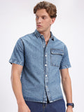 Blue Washed Denim Half Sleeve Shirt for Men | Zibilo