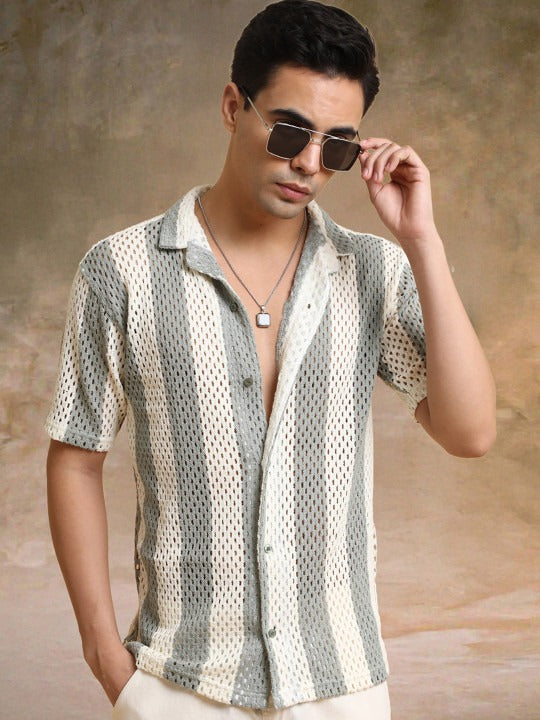 Beige Grey Textured Striped Casual Shirt for Men | Zibilo