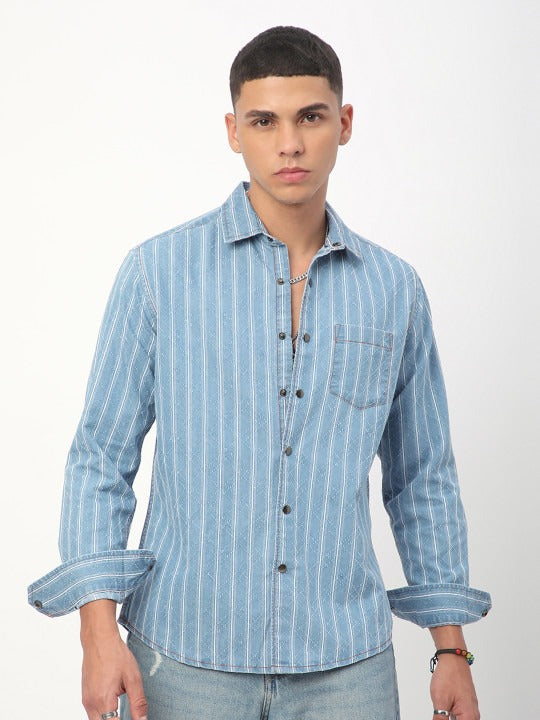 Light Blue Striped Denim Casual Shirt for Men | Zibilo