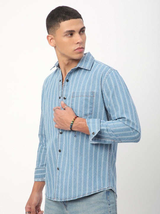 Light Blue Striped Denim Casual Shirt for Men | Zibilo